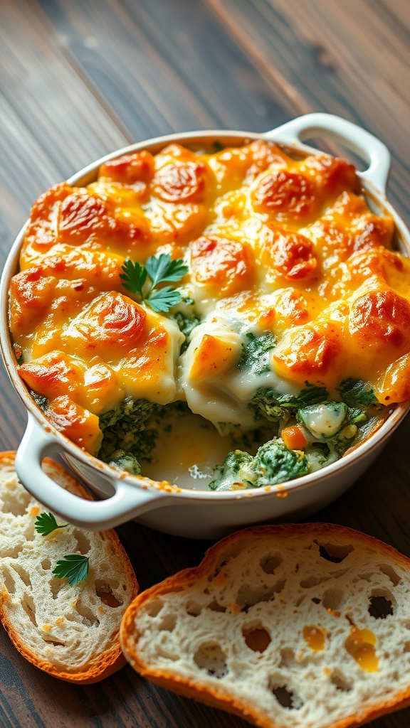 A baked spinach and cheese casserole, golden and creamy, garnished with parsley, on a wooden table with bread.